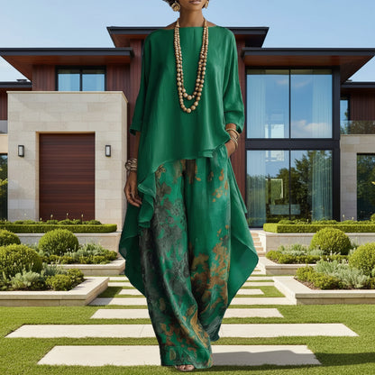 Full outfit view of minimalist knit two-piece set in green with wide-leg silhouette
