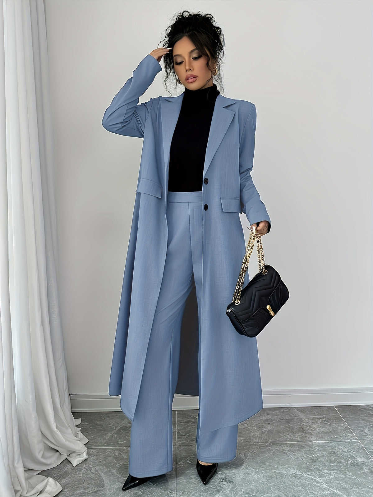 Long Trench Coat Wide-leg Pants in Sky Blue