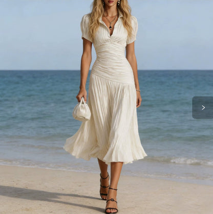 Flattering high-waist A-line dress with pleated skirt and stripe pattern in white 

