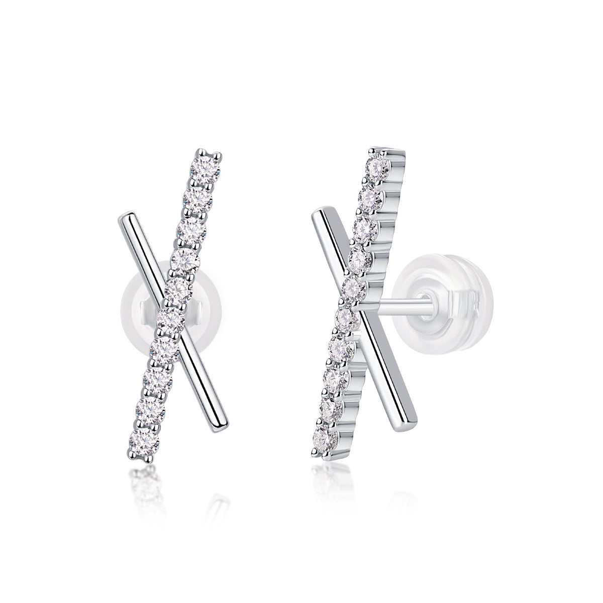 Silver earrings with a 'X' design and moissanite diamond 