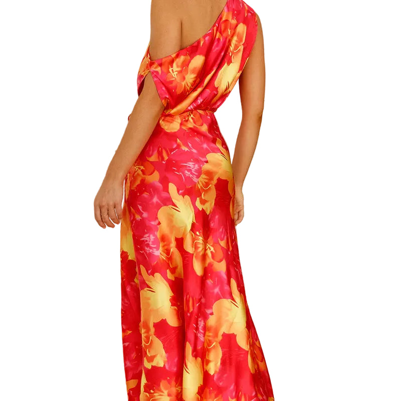 one shoulder satin maxi dress women orange red floral print high waist
