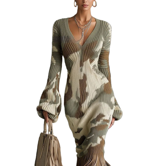 V-neck camouflage midi dress with abstract vintage print for holiday style

