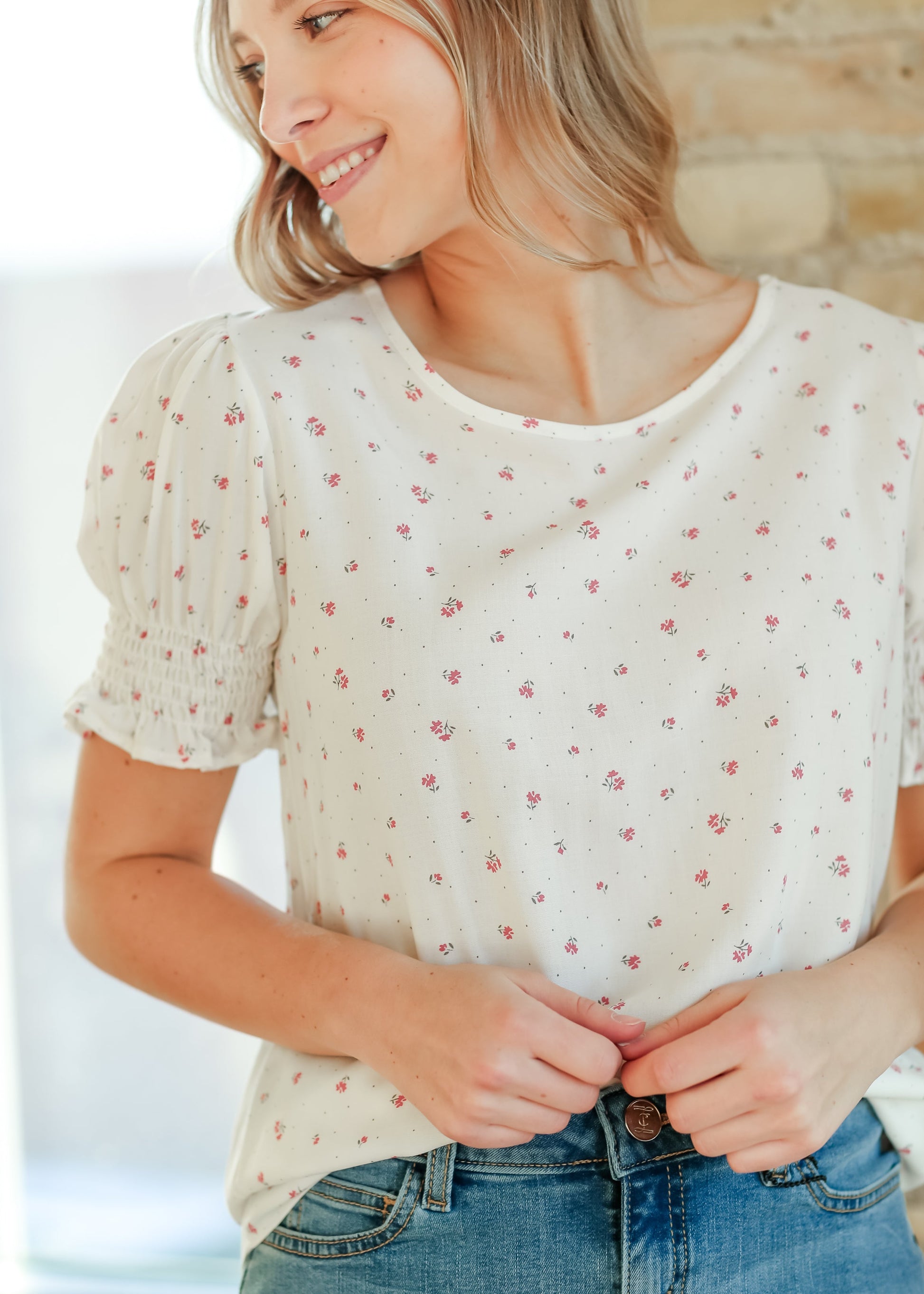 Versatile floral blouse styled for day or night – Alisa Top in white

