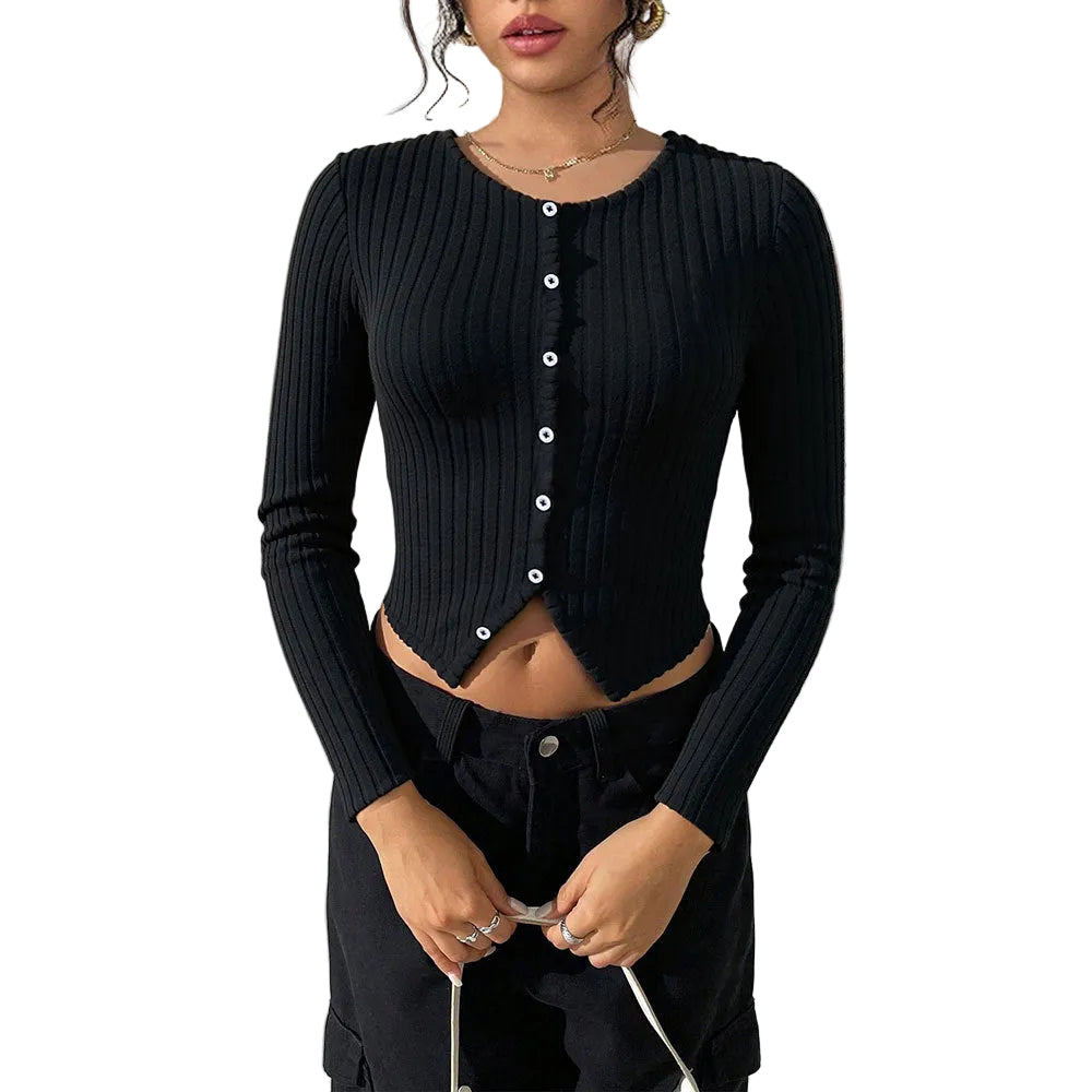 Black crop top with long sleeves and button front - textured round neck sweater for women


