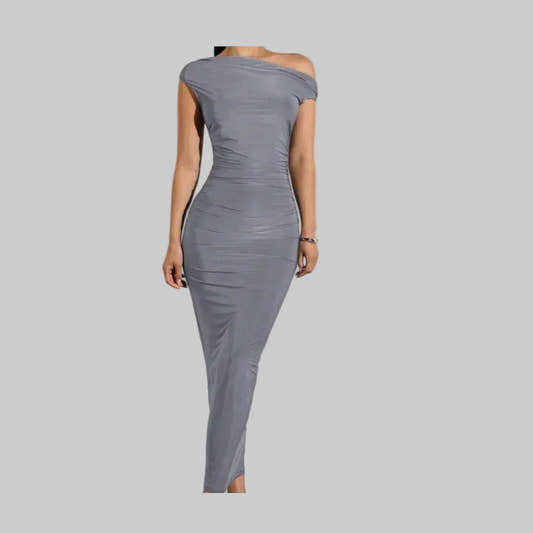 Off-Shoulder Ruched Mermaid Maxi Dress in Gray