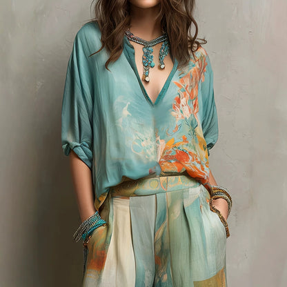 Plus size graffiti co-ord set with wide-leg trousers and drop-shoulder blouse
