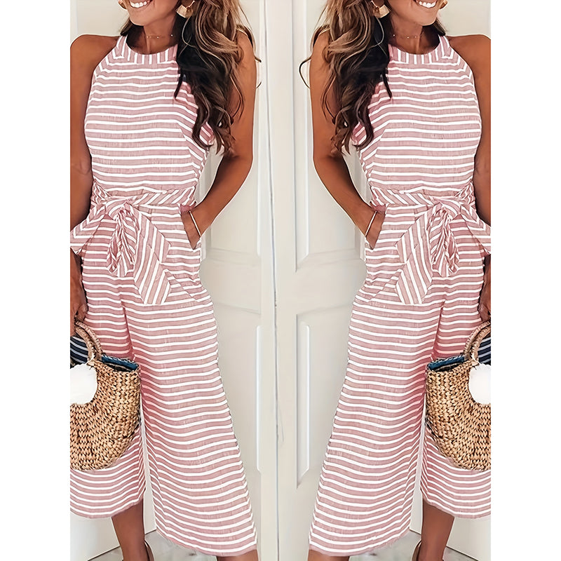 Striped casual jumpsuit showing versatile styling for day to night wear