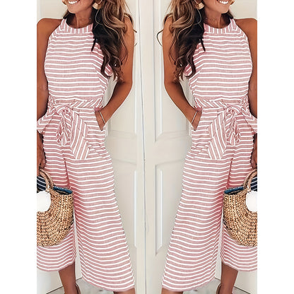 Striped casual jumpsuit showing versatile styling for day to night wear