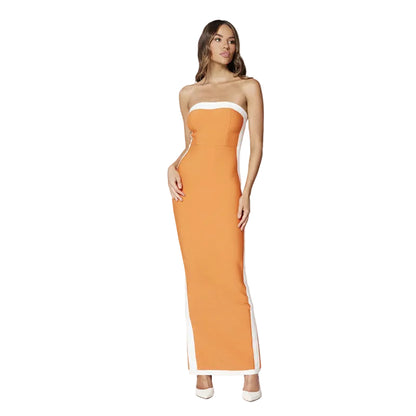 Strapless contrast trim bandage maxi dress in orange – front view showing white side panel and straight neckline
