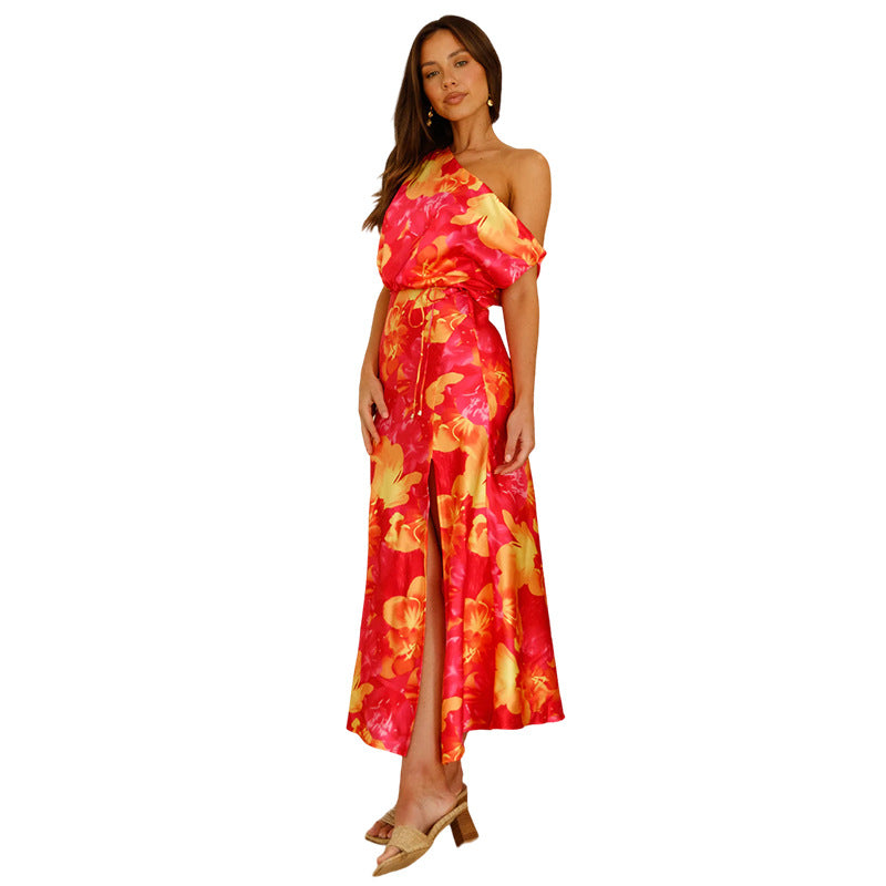 one shoulder satin maxi dress women orange red floral print high waist
