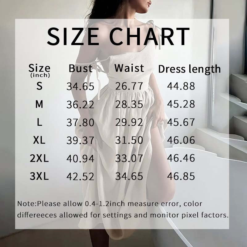Size chart overlay on a model wearing a white dress with measurements displayed.