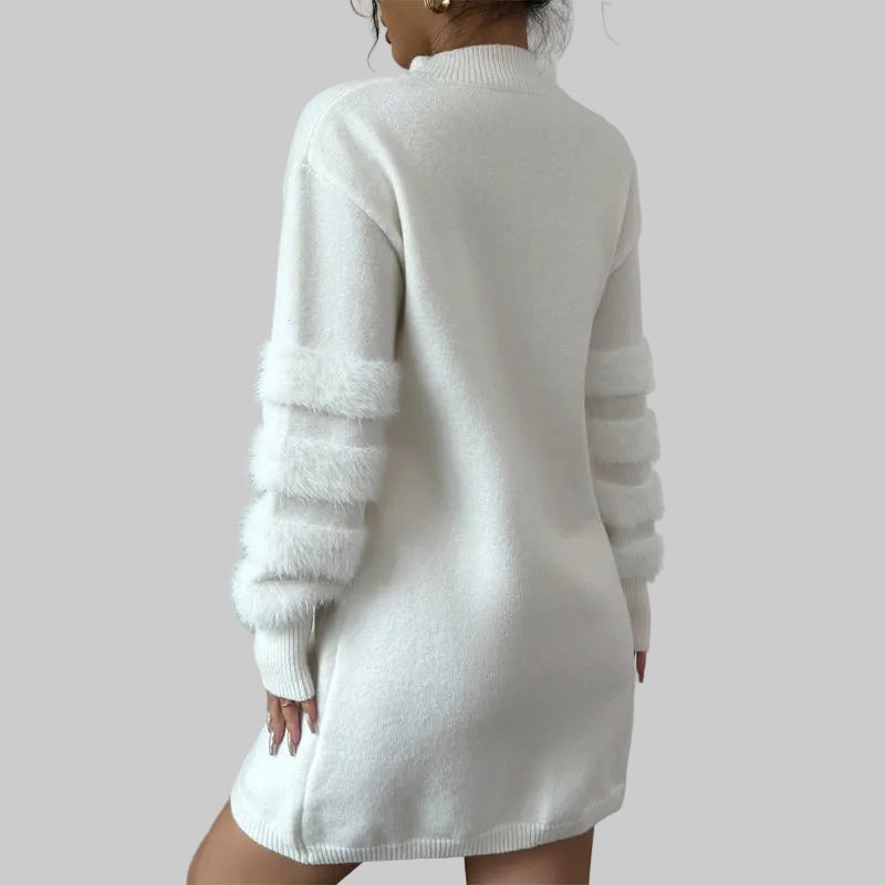 White sweater dress with fluffy sleeves