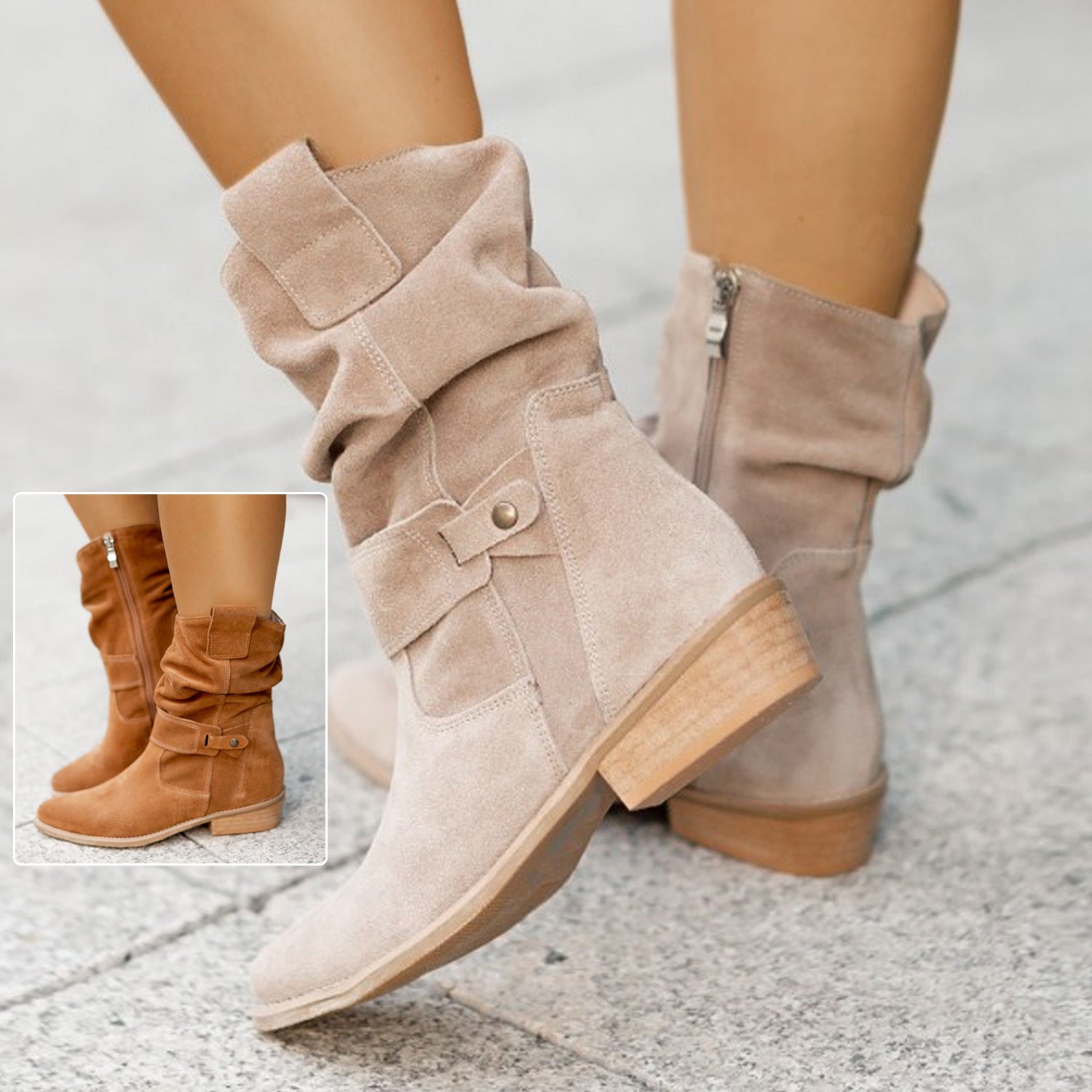 Beige suede boots with a small inset showing a similar pair in brown.