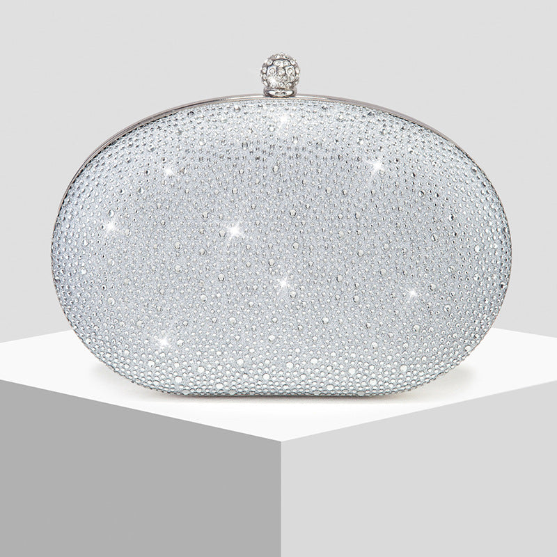 New Shiny Rhinestone Oval Evening Clutch in Silver