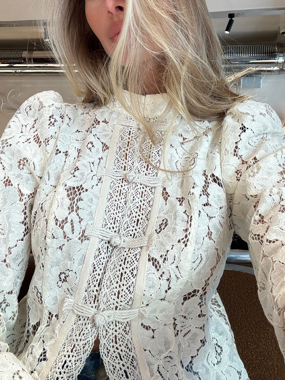 Floral lace jacket women white frog button closure long sleeve top

