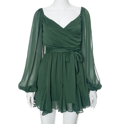 Slim fit mini dress in green – front view, solid color casual short dress
