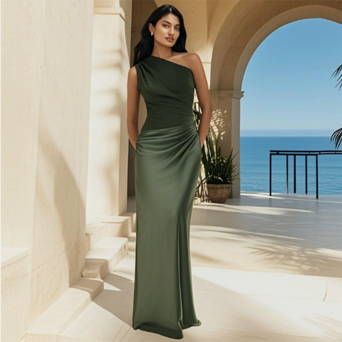 
green one shoulder backless maxi dress women
