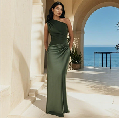 
green one shoulder backless maxi dress women
