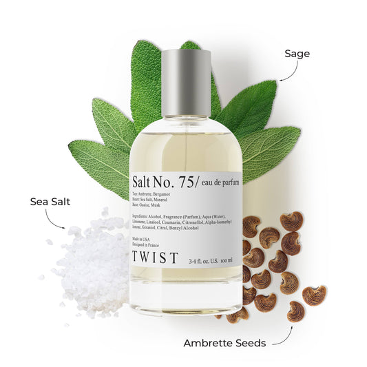 Bottle of 'Salt No. 75' eau de parfum with sea salt, sage leaves, and ambrette seeds 