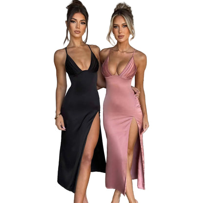 Deep V-neck backless bodycon midi dress in black – spaghetti strap high split going-out party dress
