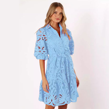 best woman  light blue mini lace dress with short sleeves 