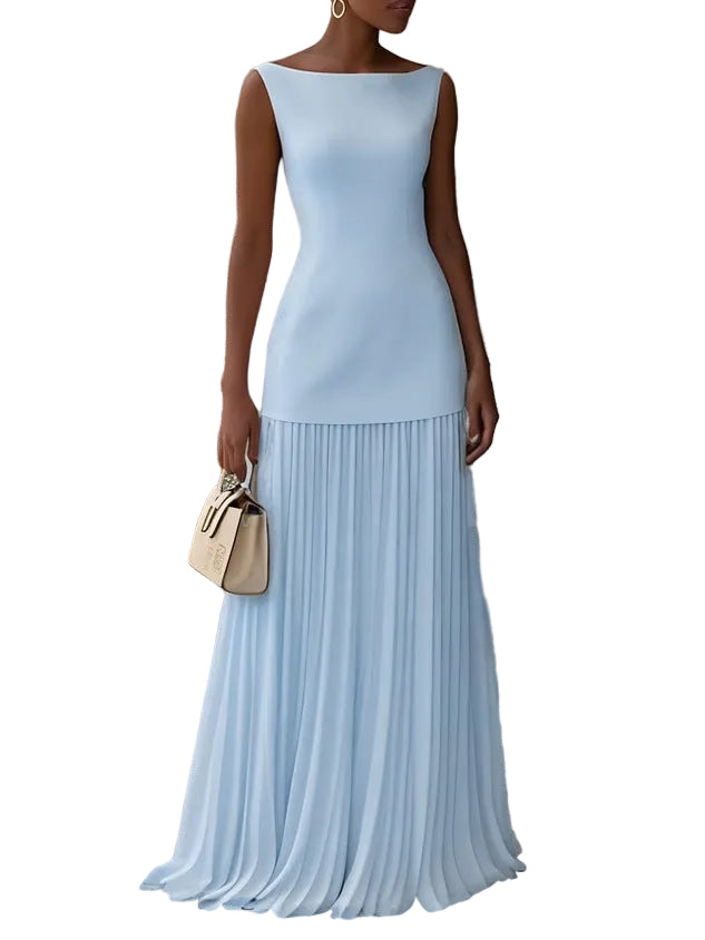 High-Waist Pleated Maxi Skirt and Structured Boat-Neck Knit Top Co-ord Set
