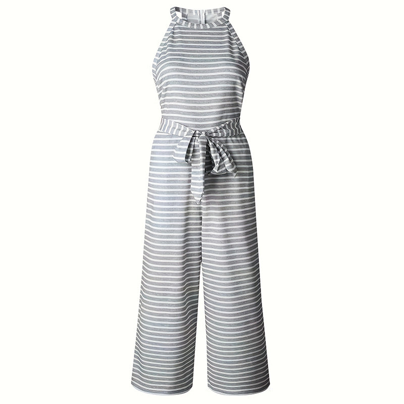Striped jumpsuit showing flattering wide leg pants and tie waist detail

