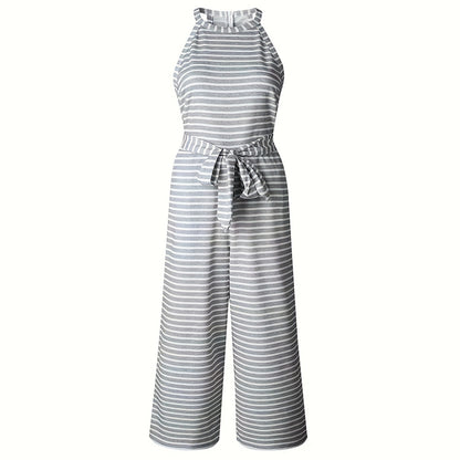 Striped jumpsuit showing flattering wide leg pants and tie waist detail

