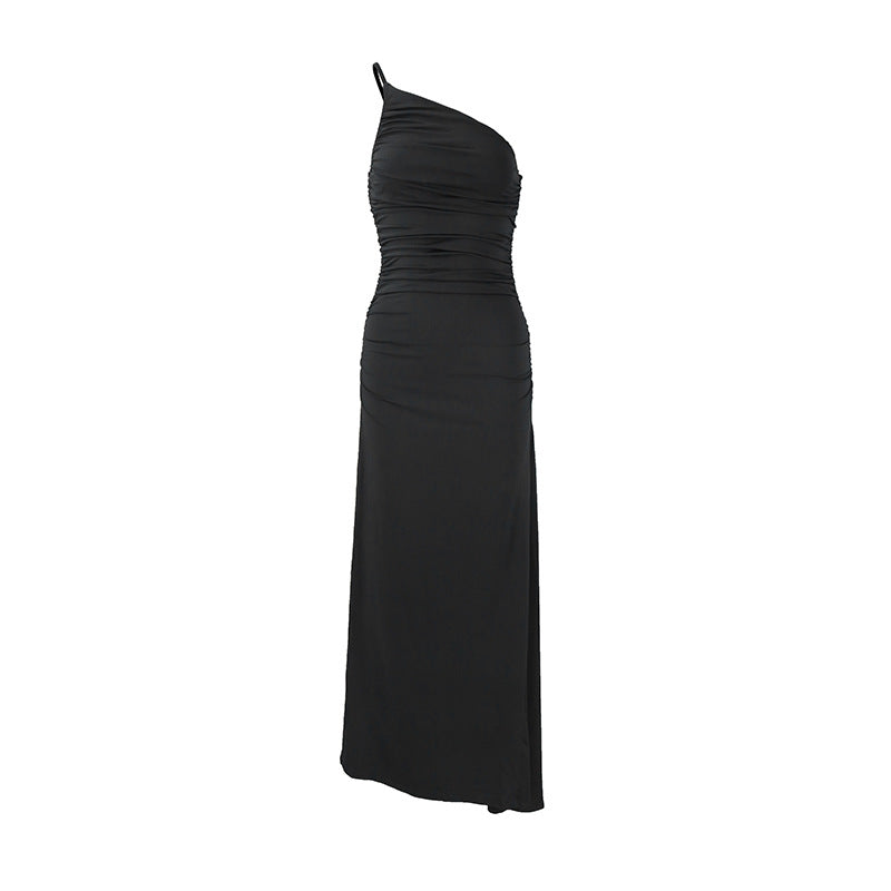 

Black asymmetric bodycon dress - one shoulder ruched midi for date nigh