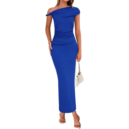 Close-up of ruched waist detail on one-shoulder bodycon maxi dress showing figure-flattering draping