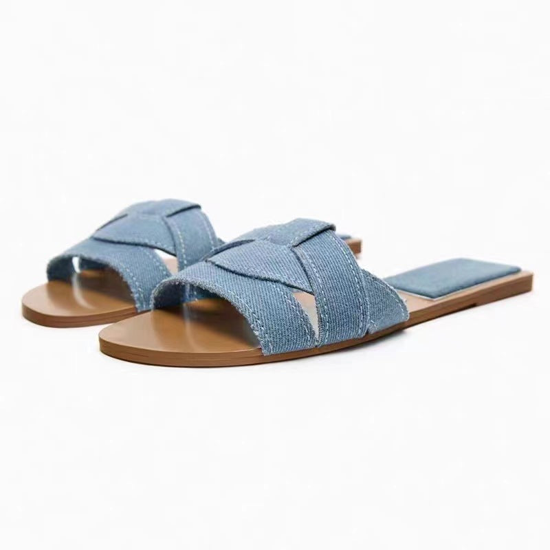 Comfortable blue round-toe PU slippers for women