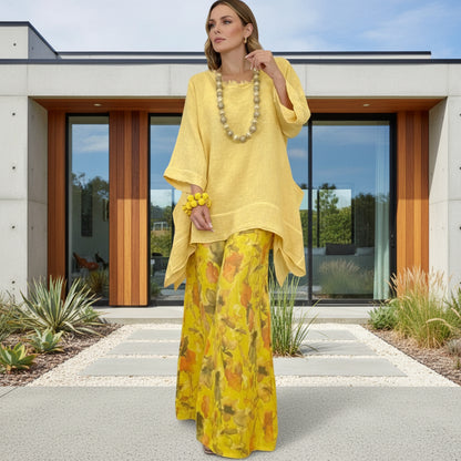 Women's cotton linen drop-shoulder irregular top and wide-leg pants set in yellow
