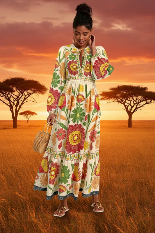 Women's bohemian floral dress with long sleeves and a ruffled tiered skirt