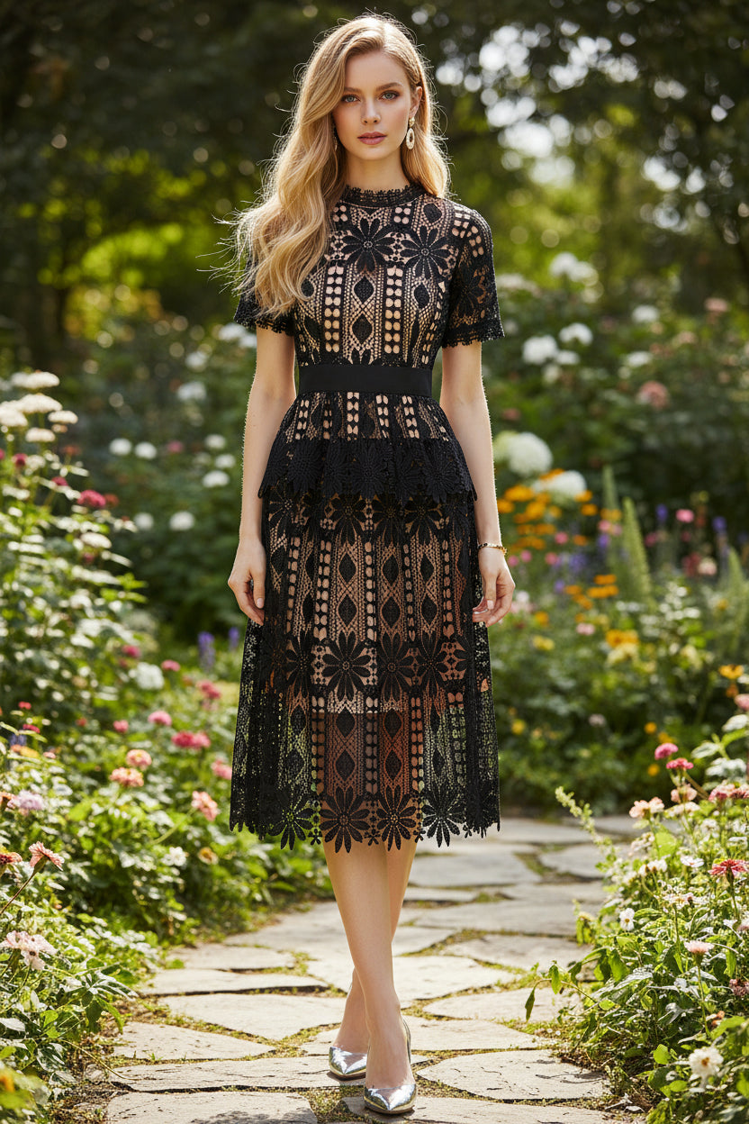 Woman wearing a black elegant midid lace dress 