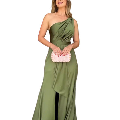 Elegant formal satin dress showing thigh-high slit 