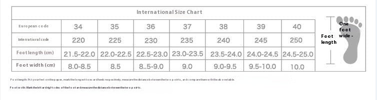 International size chart for shoes with measurements in centimeters and foot length.