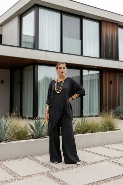 Relaxed fit three-quarter sleeve co-ord set in black  cotton linen blend

