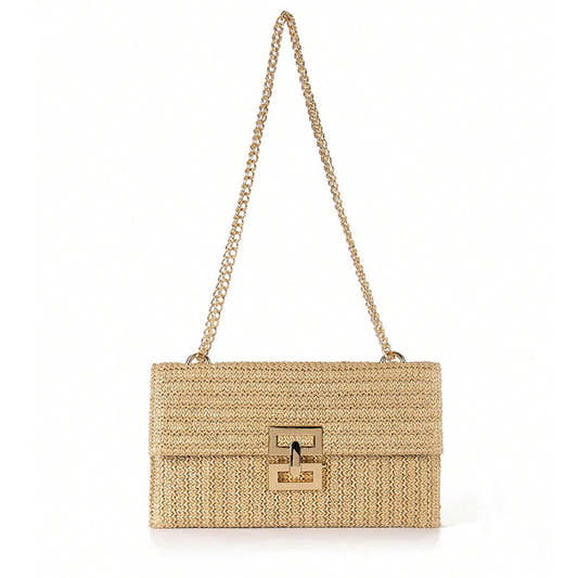 Beige straw handbag with a chain strap 