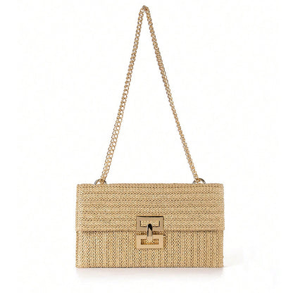 Beige straw handbag with a chain strap 