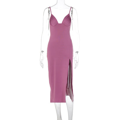 backless split bodycon dress – full length front view, spaghetti strap