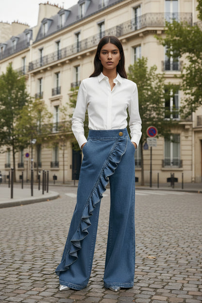 High waist A-line ruffle jeans women wide leg denim trousers black

