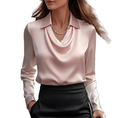 Dressy satin blouse ruched chest lapel collar long sleeve for office events


