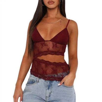 Lace stitched mesh backless V-neck spaghetti strap bralette top – front view, close-fitting sleeveless silhouette
