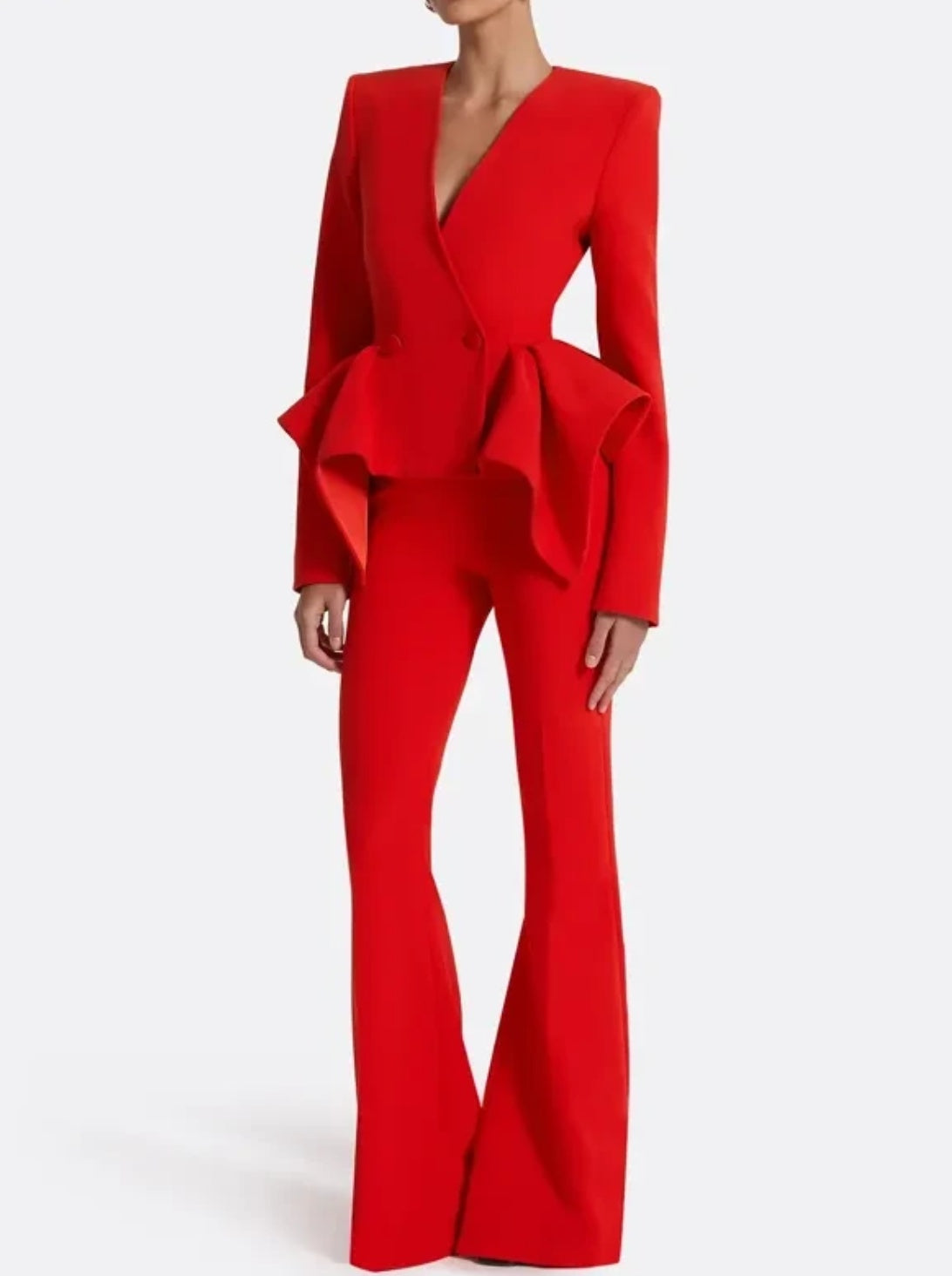 Red Asymmetric Blazer & Trouser Suit in Red