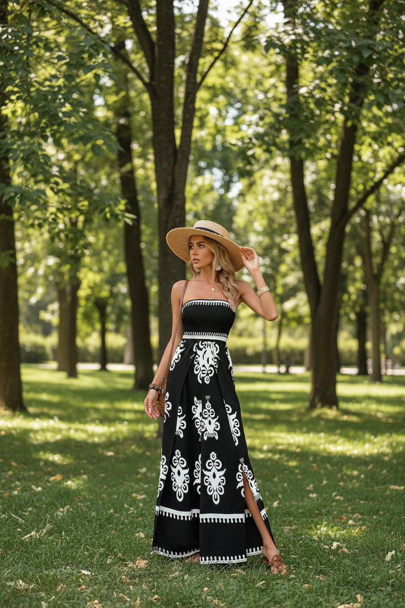 black ornate print open back maxi dress women

