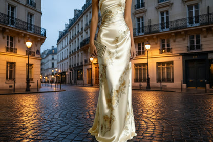 Gold floral champagne satin maxi dress one shoulder formal women

