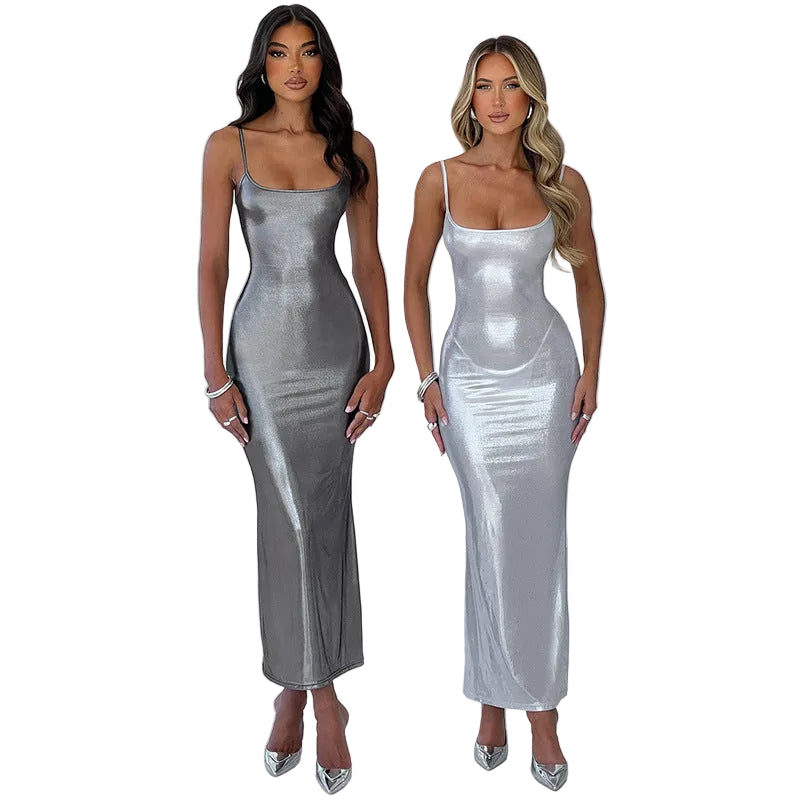 Women's silver s and white satin slip maxi dress with spaghetti straps and backless design

