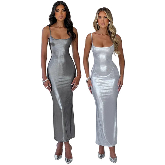Women's silver s and white satin slip maxi dress with spaghetti straps and backless design

