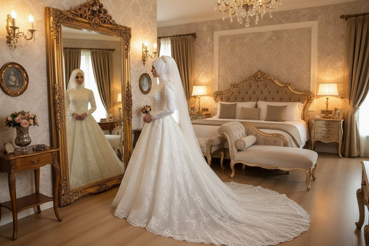 White lace wedding dress with a veil in a restaurant setting