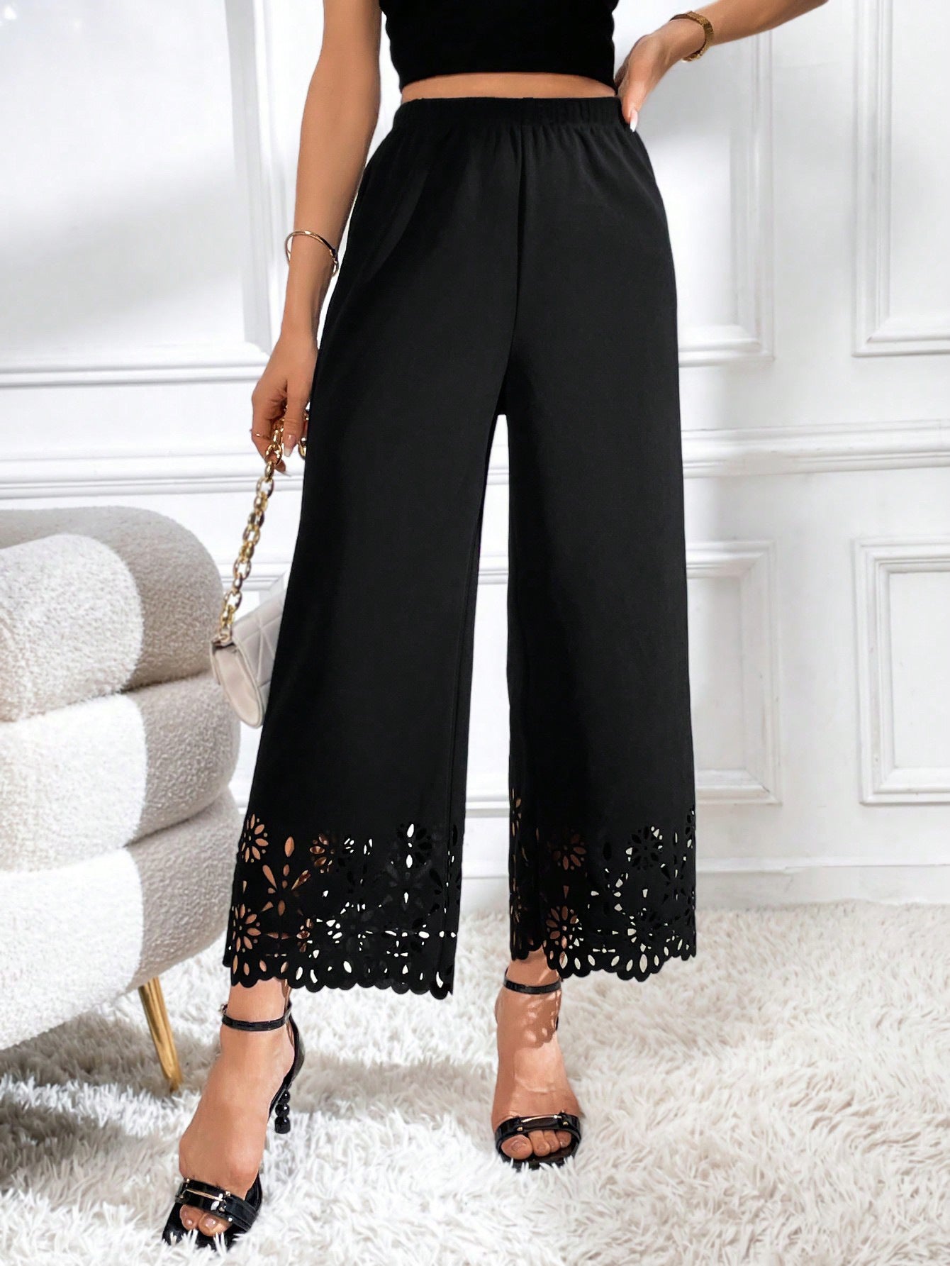Black High Waist Wide Leg Trousers - Burnout Lace evening dress image 6 from Uplift Luxe